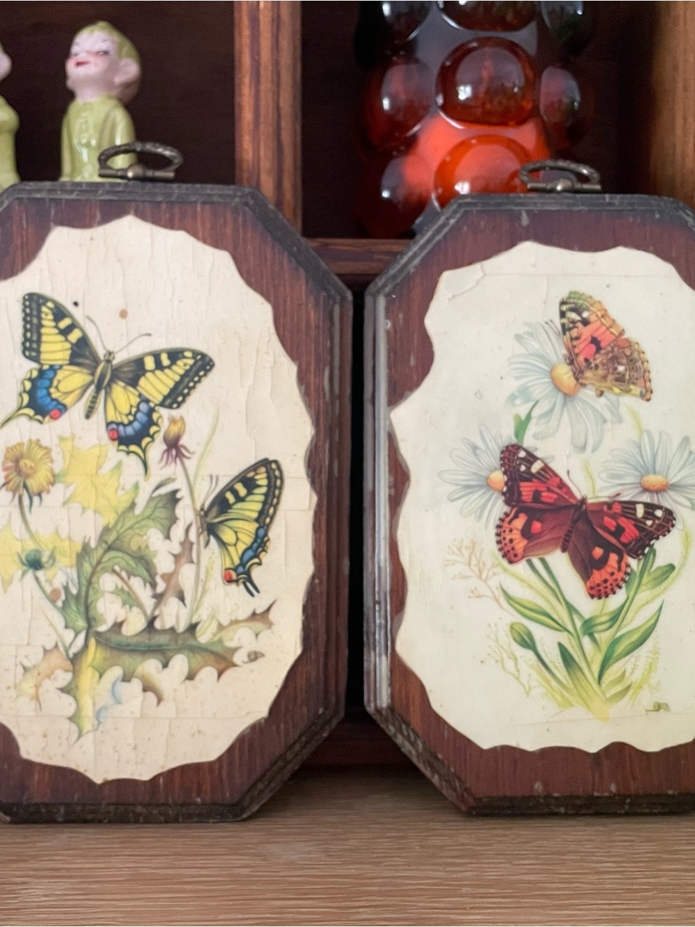 Vintage Butterfly Floral Wooden Wall Plaques - Set of 2